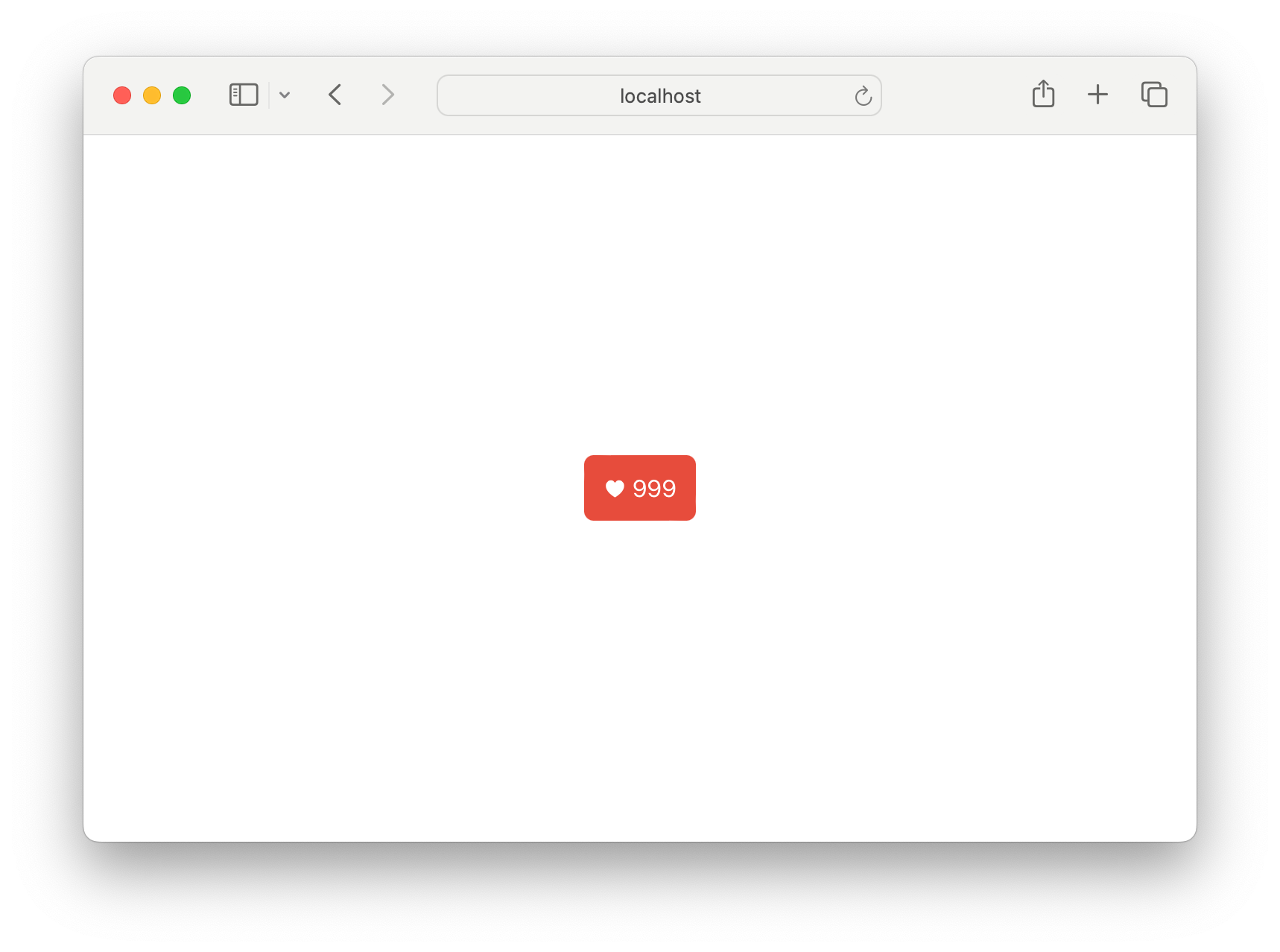 Screenshot button "like" với icon heart và số "999" trên nền màu đỏ đặt ở giữa browser