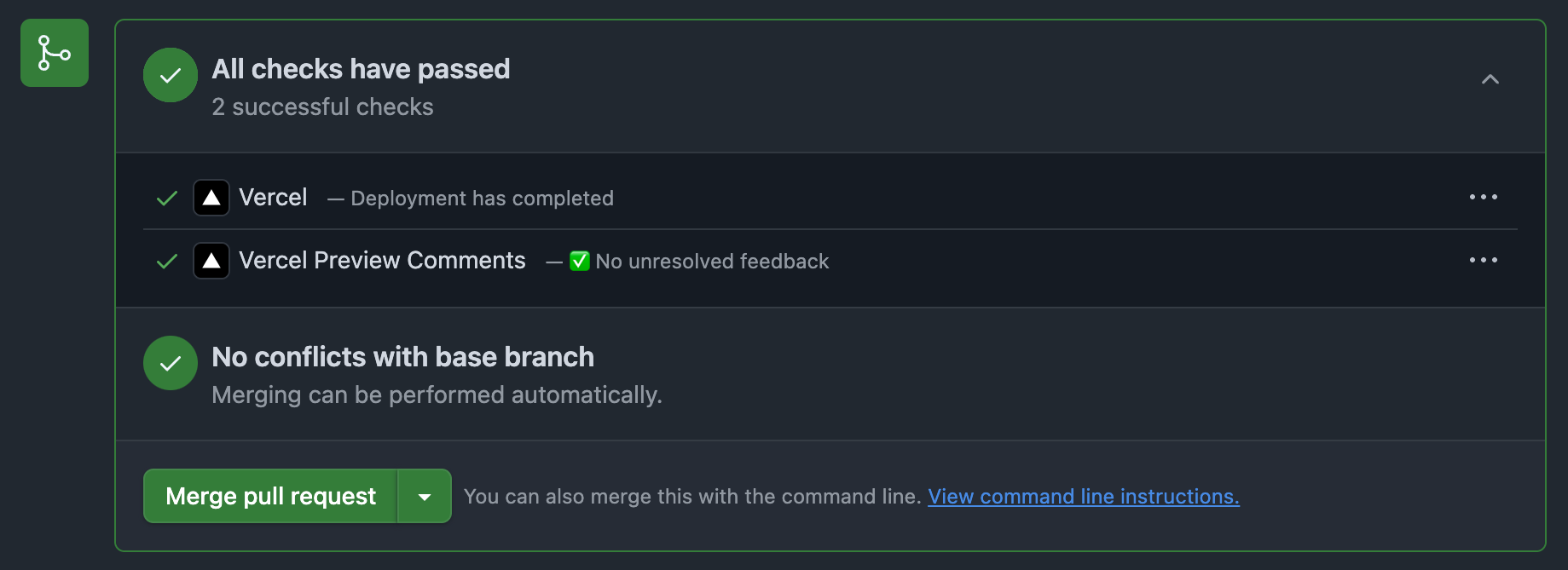 Màn hình pull request GitHub, 2 check của Vercel thành công, xác nhận không có conflict với base branch. Nút "Merge pull request" có màu xanh và enabled.