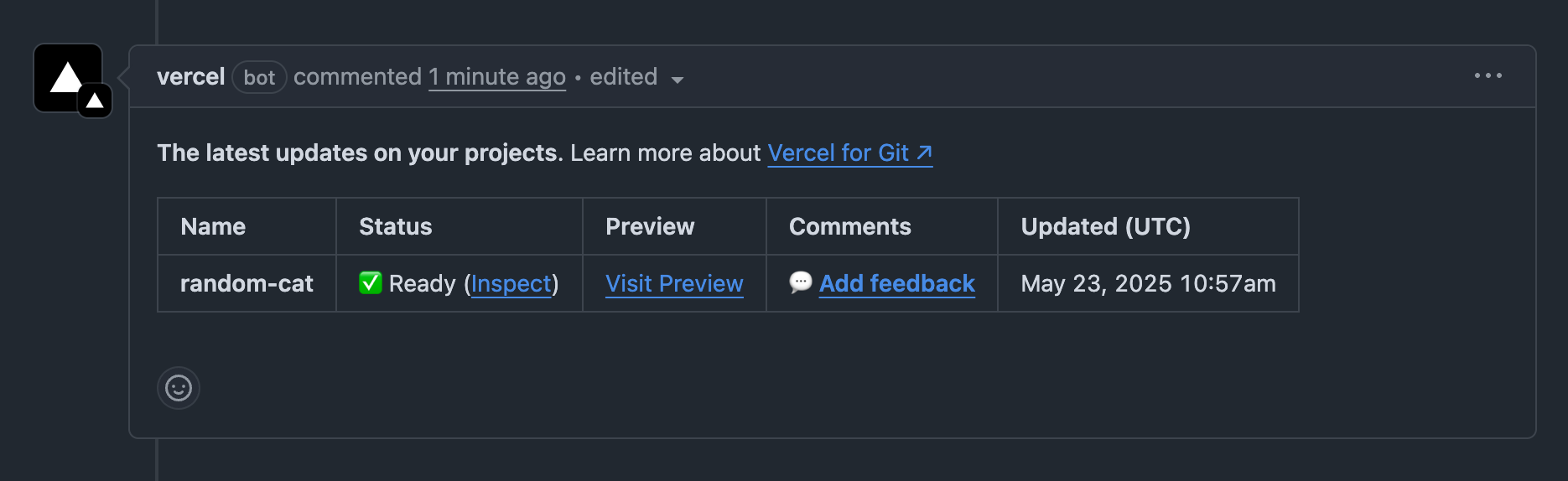 Comment được Vercel BOT đăng trên pull request GitHub, hiển thị bảng trạng thái deploy mới nhất của project "random-cat". Status là "Ready", có thể truy cập môi trường preview từ link "Visit Preview".